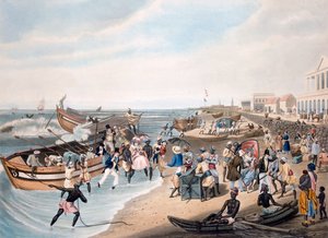 Madras Landing, graveret af C. Hunt, udgivet af Ackermann und Co. 1856 (akvatint) af J.B. East
