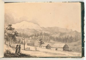 Bjerglandskab med mennesker og huse af Johan Christian Dahl