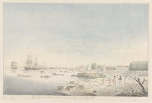Paramaribos havnefront kort efter branden i 1821 af J.D. van Herwaarden (signed by artist)