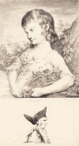 En lille pige med en blomsterkurv og mandsportræt af J.F. Clemens