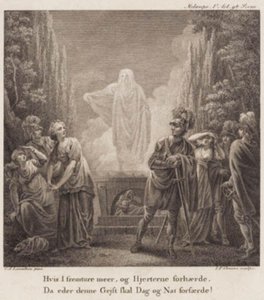 Melampe. Hvis I fremture meer, og Hjerterne forhærde, Da eder denne Gejst skal Dag og Nat forfærde? Gravering efterLlorentzens Holberg Galleri. af J.F. Clemens