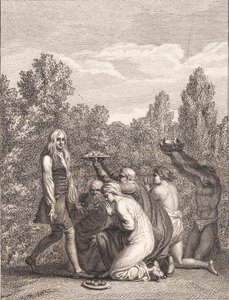 Niels Klim hyldes af Qvamiterne, der bringer ham gaver og knæler for ham af J.F. Clemens