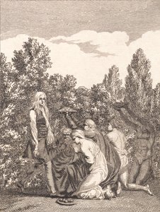 Niels Klim hyldes af Qvamiterne, der bringer ham gaver og knæler for ham af J.F. Clemens
