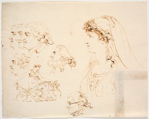 Seks mandlige og et kvindeligt profilhoved samt kvinde i klassisk dragt, der plukker blomster af J.F. Clemens