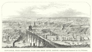 Newcastle, fra Gateshead, med High Level Bridge (gravering) af J.L. (after) Williams
