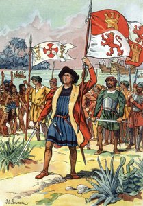 1492: Christopher Columbus ankommer til Amerika med spansk flag af J.L Beuzon (fl.1880-1940)