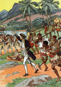 James Cooks død dræbt af lokalbefolkningen på Hawaii af J.L Beuzon (fl.1880-1940)