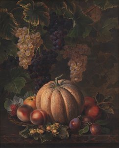 Forskellige frugter, herunder melon og druer
