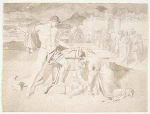 Andromache og sønnen Astyanax sammen med Pyrrhus ved Hectors sarkofag