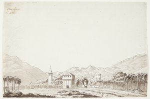 Landskab fra Domodossola i Schweiz med kirke og vagtårn af J.L. Lund