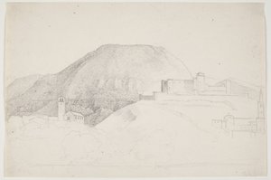 Landsskabsstudie med bjerg og bygninger. Spoleto, Italien af J.L. Lund
