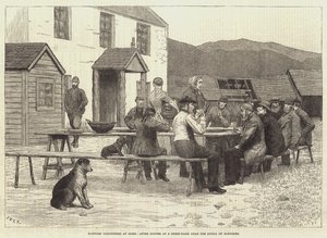 Skotske frivillige derhjemme efter middag på en fårefarm nær Spittal of Glenshee