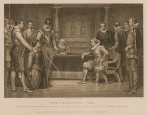 Krudtplottet; Guy Fawkes forhørt af kong James I og hans råd i kongens sengekammer, Whitehall