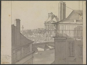 Udsigt fra J.P. Møllers lejlighed på Hotel d’Irlande, Rue de Beaune nr. 3, over Seinen mod Tuilerierne og Rue de Rivoli, 6. marts 1812