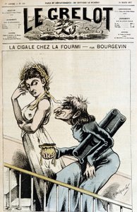 La cicada chez la ant - Antiklerikal karikatur af en jesuite, der holder en åben pung, som han plejer til en umorøs kvinde, iført en hvedekrone epis, som laver en moue of dedain - Illustration af A. Bourgevin (eller J.Blasset eller Albert Douat