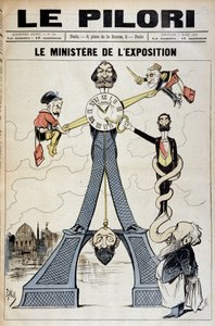Udstillingsministeren (tegneserie om finansielle skandaler i slutningen af det 19. århundrede og Eiffeltårnet). Illustration af J. Blass