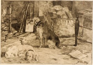 Hunde på ildstedet nr. 1 af J. Alden Weir