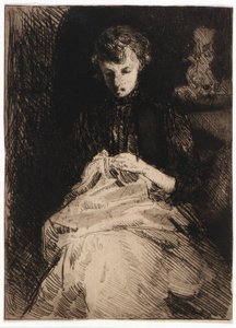 Kvinde sidder og syr af J. Alden Weir