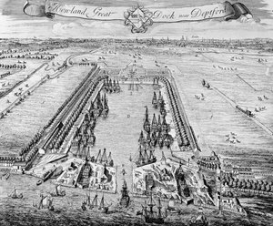 Howland Great Dock, nær Deptford, ca. 1715-20 af J. Badslade