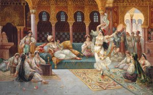 En haremsdans (olie på lærred lagt om bord) af J. G. Delincourt