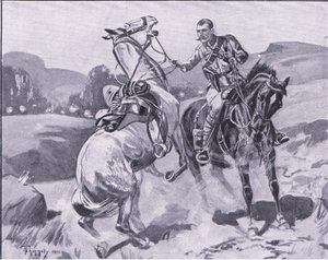 Major Brown, 14. husarer, holder liet Browns hest under kraftig ild, illustration fra After Pretoria: The Guerilla War, 1902 af J. H. Thorneley