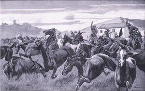 Boere, der angriber Remount-depotet ved Braamfontein, fra After Pretoria: The Guerilla War udgivet af Harmsworth Bros Limited, 1901 af J. H. Thornely