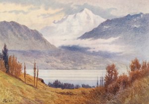 Mont Blanc fra over Morges (farvelitografi) af J. Hardwicke Lewis