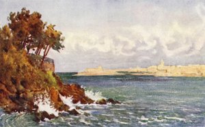 St Malo fra Priory Beach, Dinard (farve litho)