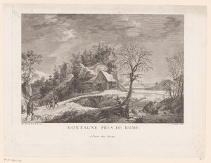 Udsigt over et hus nær en bro med figurer Montagne près de Rome (titel på objekt) af J. Hémery