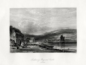 Scalloway Bay og slot, Zetland, 1800-tallet af J. Horsburgh