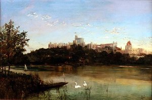 Figurer i en pung og svaner på Themsen med Windsor Castle i baggrunden (olie på lærred) af J. Lewis