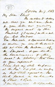 Brev signeret J.M.F. [J.M. Forbes], Boston, til Eliot [William G. Eliot], 7. november 1863 af J. M. Forbes