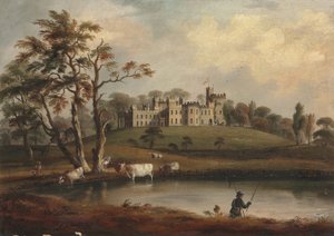 En udsigt over Hornby Castle, Yorkshire, med en lystfisker og kvæg på bredden af floden Wenning af J. Miller