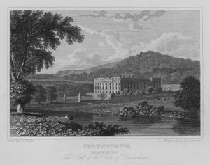 Chatsworth, Derbyshire, sædet for hertugen af Devonshire (gravering) af John Preston Neale