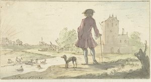 Mand med hund nær vand af J. Paon (signed by artist)