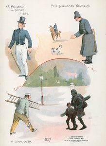 Politimand eller skræller fra 1837, politimand nu til dags, lampetænder, skorstensfejer