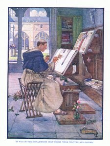 Det var i klostrene, at bøger blev skrevet og kopieret, fra English Literature pub.af T C & EC Jack, ca. 1920 af J. R. Skelton
