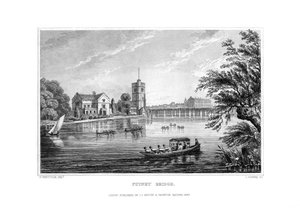 Putney Bridge, London, 1829. af J. Rogers