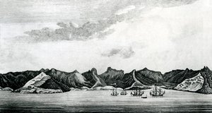 Udsigt over Cumberland Bay ved øen Juan Fernandes, ca. 1745 (gravering) af J. S. Mason