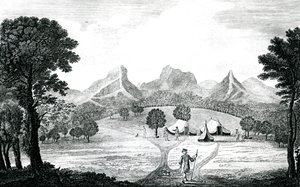 Udsigt over Commodore-teltet på øen Juan Fernandes, ca. 1745 (gravering) af J. S. Mason
