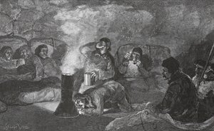 Indretning af vores vinterhytte i Camp Clay under madlavning, 1883 pub. London 1886