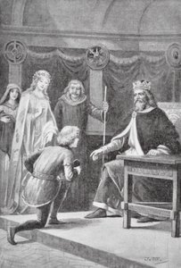 Gareth kom for at bede om sin anden tjeneste, at han skulle blive en af kongens riddere og få lov til at hjælpe damen (litografi). af J. Williamson
