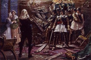 Oliver Cromwells parlamentariske soldater bryder ind i huset hos en tilhænger af kong Charles I (farve litho)