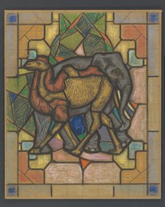 Design til et farvet glasvindue med en kamel og elefant af Jaap Weyand