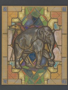 Design til et farvet glasvindue med en elefant og kamel af Jaap Weyand