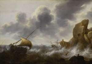 En fiskerbåd ud for en klippekyst i en storm med et vrag, ca. 1664-65 (olie på panel) af Jacob Adriaensz. Bellevois