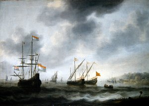 Det hollandske flagskib De Roode Leeuw og to engelske fartøjer (olie på lærred) af Jacob Adriaensz. Bellevois