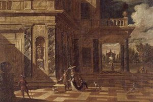 Arkitektoniske capricci med elegante figurer af Jacob Balthasar Peeters