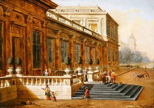 Den fortabte søns tilbagevenden på trapperne til et klassisk palads (olie på lærred) af Jacob Balthasar Peeters