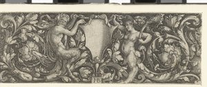 Frise med et skjold båret af en mandlig og en kvindelig satyr af Jacob Binck (signed by artist)